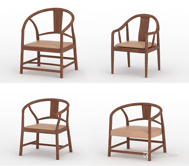 Modern Wooden Accent Chair With Curved Armrests And Light Colored Cushion Design 3d model 