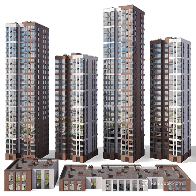 Modern High Rise Residential Buildings With Glass Curtain Walls And Balconies 3d model 