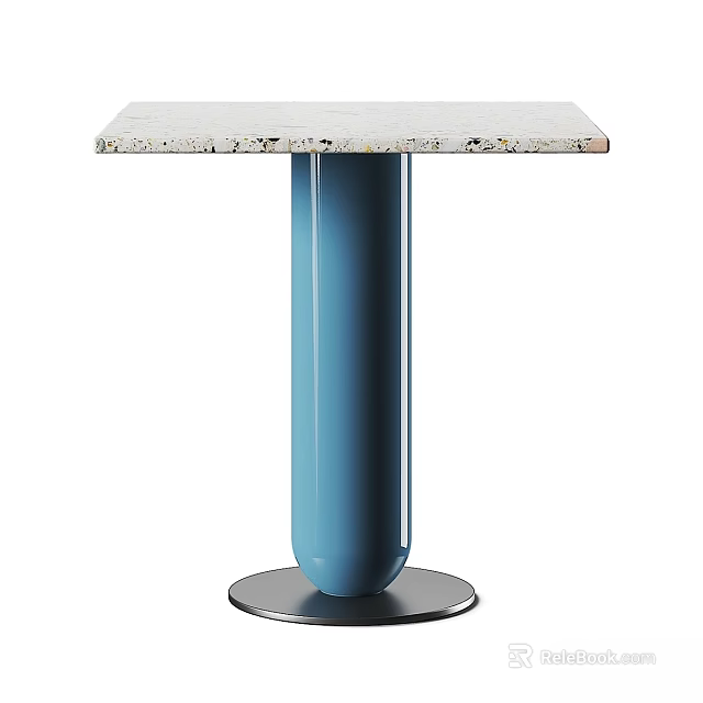 Functional Table with White Speckled Tabletop and Blue Cylindrical Leg on Silver Base 3d model