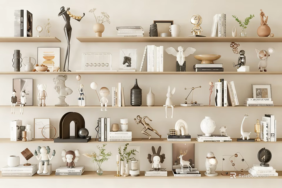 Modern Home Decorative Ornament Collection With Sculptures Vases Books And Plants On Shelves 3d model 