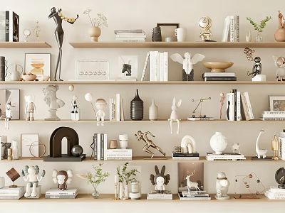 Modern Home Decorative Ornament Collection With Sculptures Vases Books And Plants On Shelves 3d model