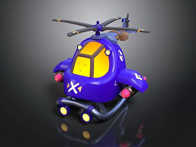 Blue Spacecraft Toy Model With Yellow Windows Propellers Wheels And X Marking 3d model