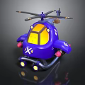 Blue Spacecraft Toy Model With Yellow Windows Propellers Wheels And X Marking