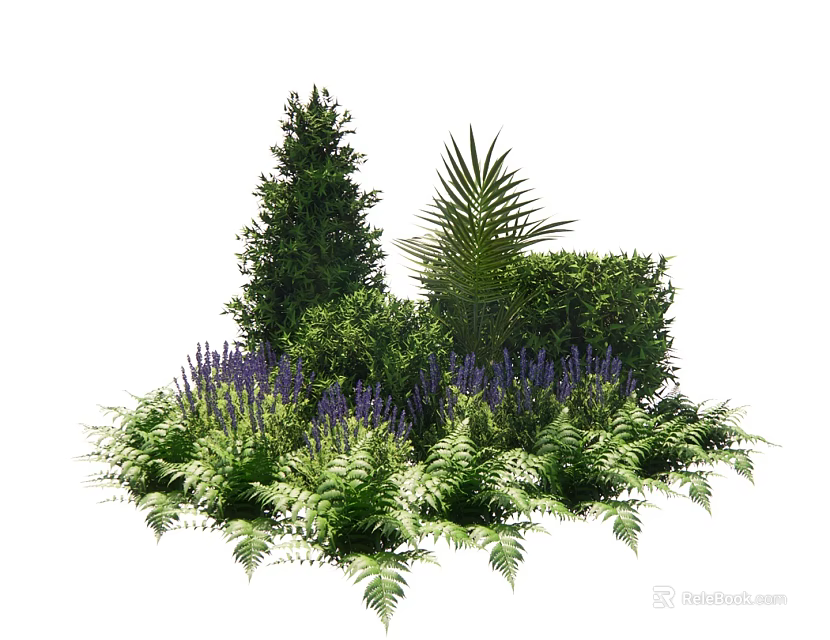 Decorative Garden Plant Arrangement With Lavender Ferns Palm And Green Shrubs 3d model 
