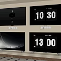 Four Televisions Wall Mounted and On Stands Showing Time Date and Scenic Screen