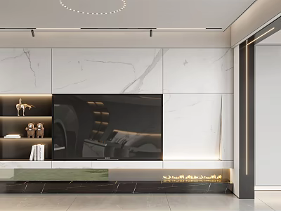 Modern TV Stand Design With Marble Wall Panel And LED Strip Lights In Living Room 3d model