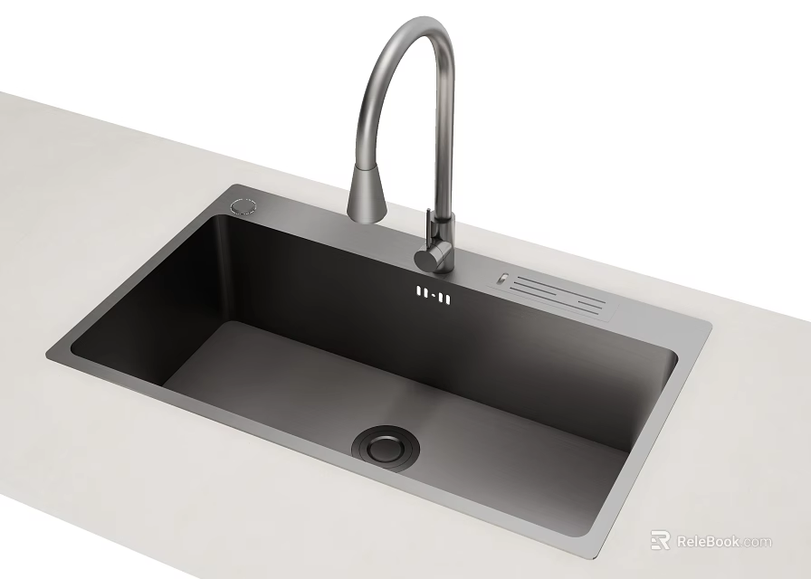 Modern Black Kitchen Sink With Undermount Design And Silver Gooseneck Faucet On Light Countertop 3d model 
