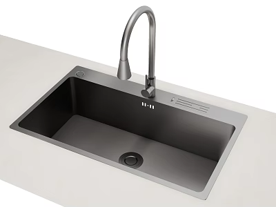 Modern Black Kitchen Sink With Undermount Design And Silver Gooseneck Faucet On Light Countertop 3d model