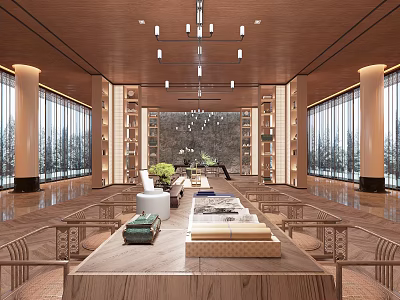 Spacious Lounge Area Interior With Wooden Ceiling Large Windows Bookshelves And Green Plants 3d model