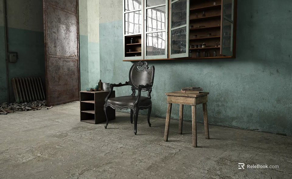Vintage Style Leisure Chair With Small Table And Shelving In Blue Green Wall Old Room 3d model 