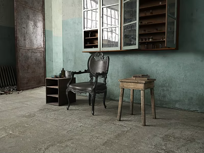 Vintage Style Leisure Chair With Small Table And Shelving In Blue Green Wall Old Room 3d model