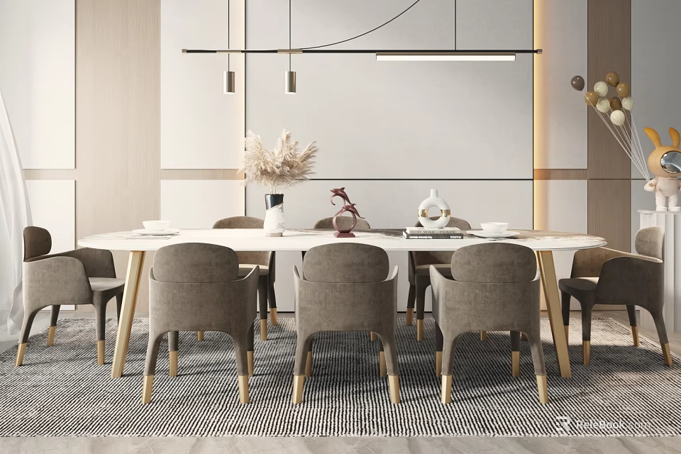 Elegant Modern Dining Table Set With Gray Chairs White Top And Pendant Lights 3d model