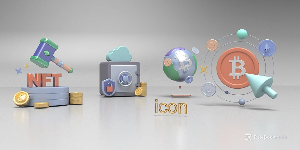 Cryptocurrency Financial Icons Billboard with Secure Storage Global Cloud and Digital Assets 3d model 