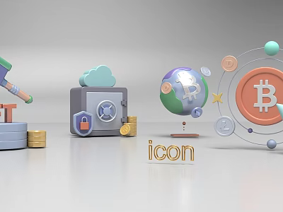 Cryptocurrency Financial Icons Billboard with Secure Storage Global Cloud and Digital Assets 3d model