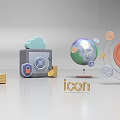 Cryptocurrency Financial Icons Billboard with Secure Storage Global Cloud and Digital Assets