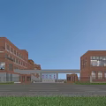Red Brick School Building with Modern Glass Windows Spacious Front Square Green Plants Entrance Sign