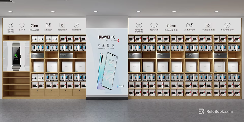 Digital Store Interior Featuring HUAWEI P30 And Smartphones On Display Shelves 3d model 