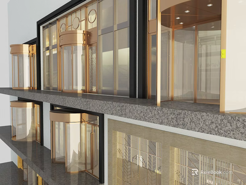 Modern Commercial Building Facade With Glass Gold Frames And Marble Accent Design Elements 3d model 