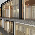 Modern Commercial Building Facade With Glass Gold Frames And Marble Accent Design Elements