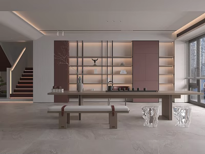Modern Elegant Living Room With Long Tea Table And Built In Illuminated Display Shelves 3d model