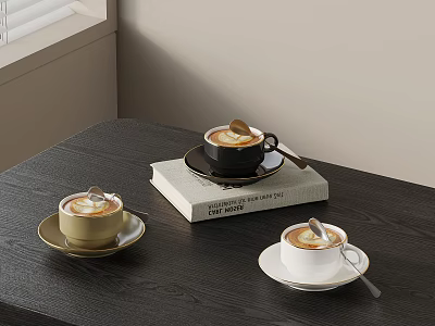 Black Gold White Coffee Cups With Froth And Spoon On Book Dark Table 3d model