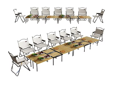 Folding Outdoor Chairs with Metal Frame White Seats and Wooden Table for Outdoor Dining 3d model