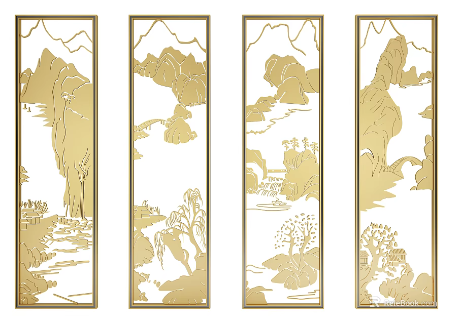 Elegant Chinese Room Dividers With Golden Landscape Patterns For Interior Decor 3d model
