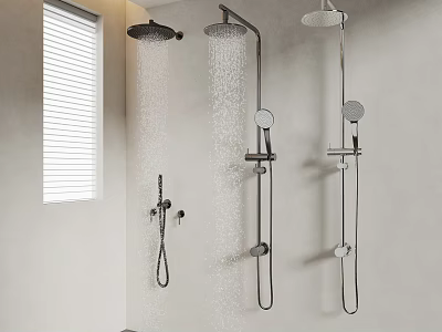 Modern Shower Systems With Water Flowing On White Wall And Window Blinds 3d model