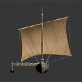 Traditional Wooden Boat With Yellow Sail Green Flag And Bamboo Planks Structure