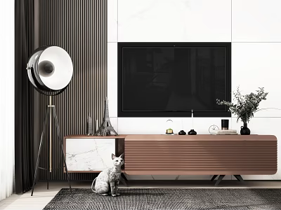 Modern Brown TV Stand With Marble Panel Floor Lamp Gray Cat And Potted Plant 3d model