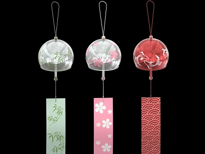 Ornamental Decoration Combination Featuring Colorful Shell shaped Wind Chimes with Cherry Blossom and Wave Pattern Tags 3d model