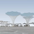 3D Model of Outdoor Public Space With Net Structures Blue Trees Crowds And Benches