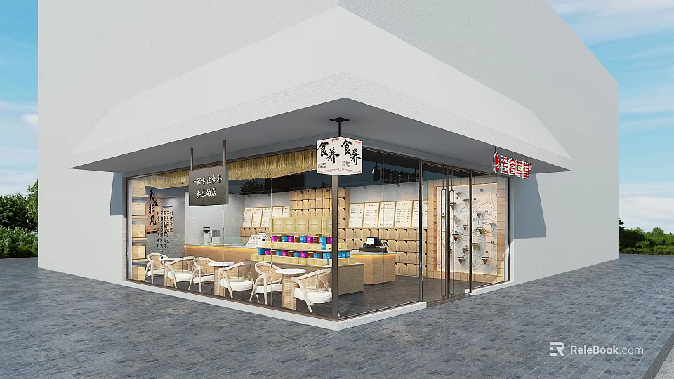 Modern Milk Tea Shop With Glass Doors Outdoor Seating And Wooden Counter 3d model 