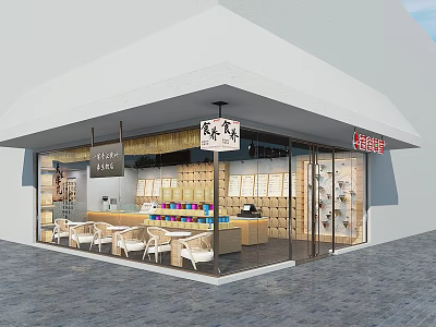 Modern Milk Tea Shop With Glass Doors Outdoor Seating And Wooden Counter 3d model