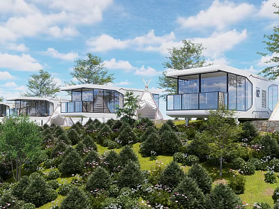 Modern Building Components With Glass Curtain Walls Open Balconies And Hillside Greenery 3d model