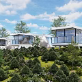 Modern Building Components With Glass Curtain Walls Open Balconies And Hillside Greenery