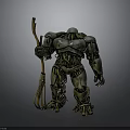 Armored Metallic Robot Holding Trident Weapon With Mechanical Design Details