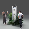 People Taking Selfie And Checking Stand Information Signboard With Green Plants
