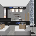 Modern Café Interior With Large Windows Gray Walls Wall Text Round Tables And Bar Counter
