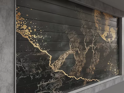 Modern Black Wooden Plank Wall With Golden Abstract Marble Texture Design 3d model