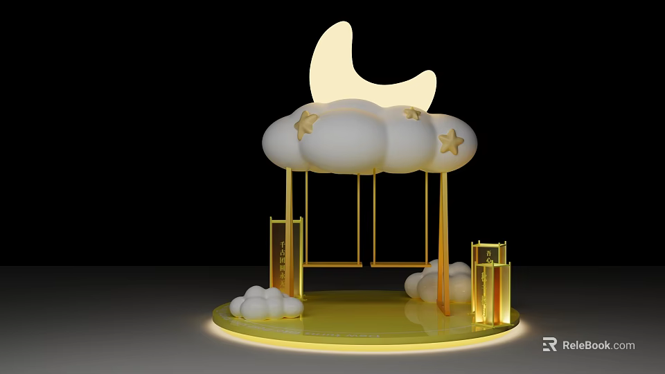 Whimsical Photo Check In Spot With Moon Clouds Stars Golden Stand And Illuminated Base 3d model 