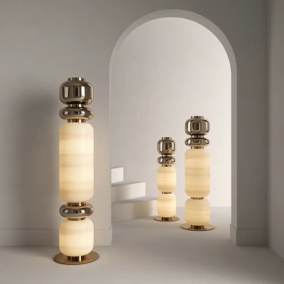 Elegant Modern Floor Lamp With Brass Base And Cylindrical Cream Shade For Interior Decor Space 3d model