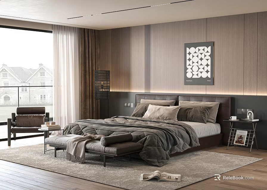 Modern Bedroom Interior Featuring Double Bed Wooden Wall Panels Large Window Curtains And Decorative Art 3d model 