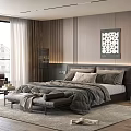 Modern Bedroom Interior Featuring Double Bed Wooden Wall Panels Large Window Curtains And Decorative Art