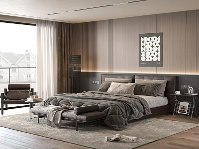 Modern Bedroom Interior Featuring Double Bed Wooden Wall Panels Large Window Curtains And Decorative Art 3d model