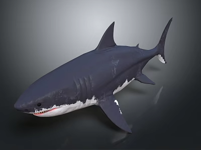 Realistic 3D Shark Model With Gray White Body And Dorsal Fin On Dark Background 3d model