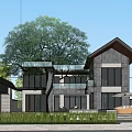 Modern Guesthouse With Gray Exterior Wooden Roof Large Windows Front Lawn Pink Flowering Tree