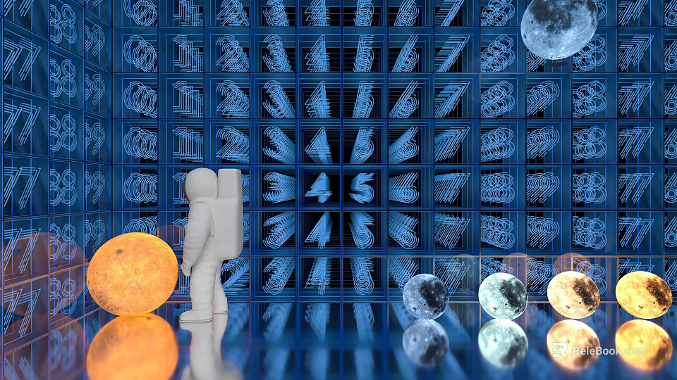 Innovative Commercial Equipment Display With Astronaut Figure Blue Mechanical Structures And Spherical Objects 3d model 