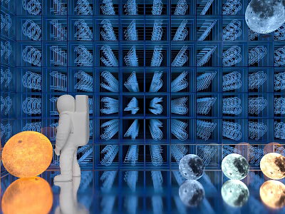 Innovative Commercial Equipment Display With Astronaut Figure Blue Mechanical Structures And Spherical Objects 3d model