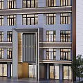 Modern Multi Story Building Storefront With Glass Doors And Decorative Grille